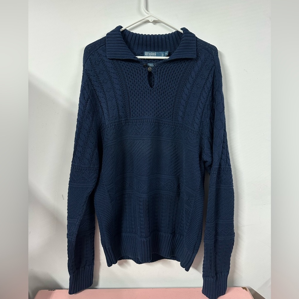 Vintage Polo Ralph Lauren Rugby Shirt Knit Cable Navy Blue Polo XL Heavy